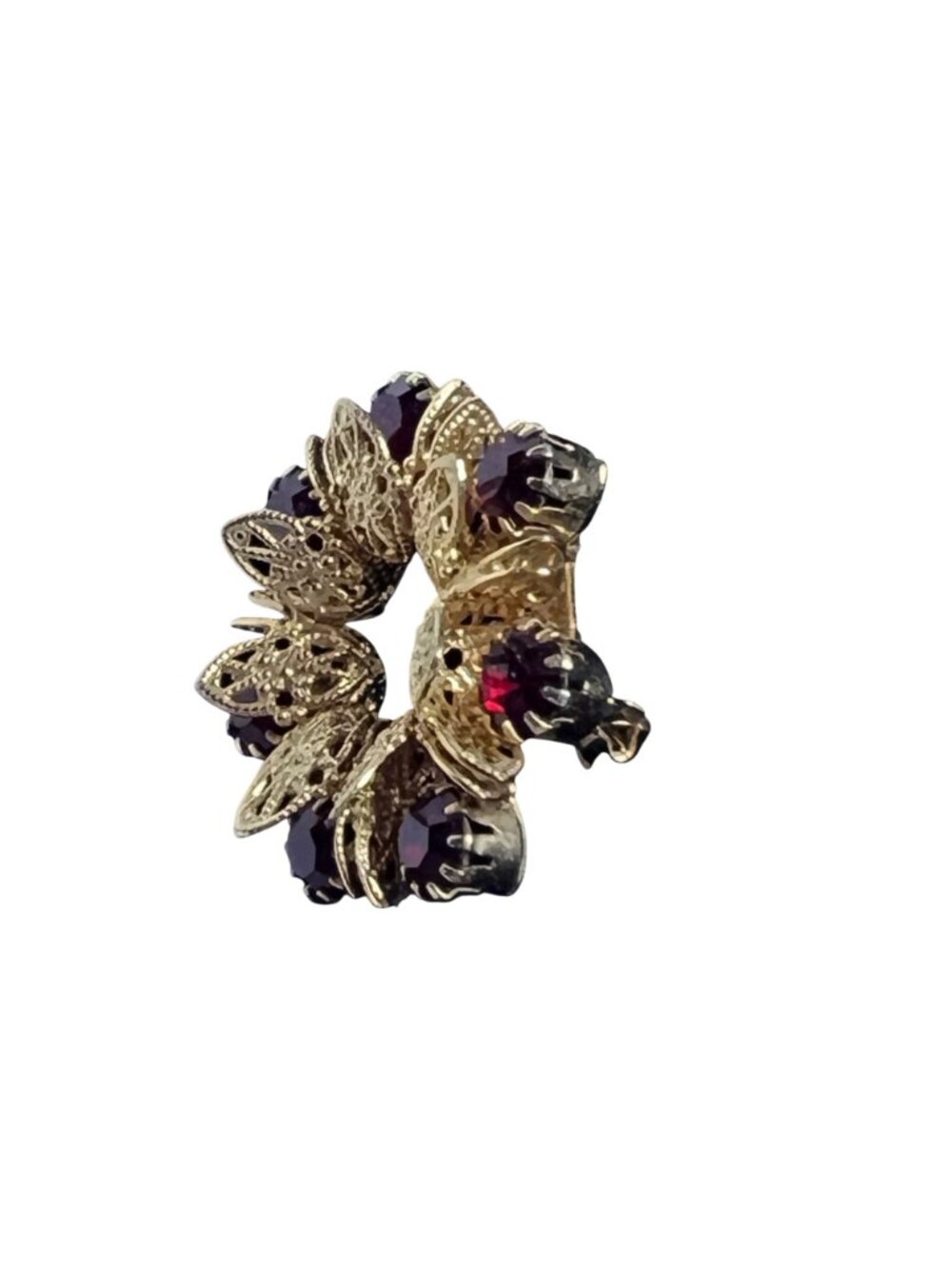 Gold Tone And Red Rhinestone Wreath Brooch With Matching Clip On Earrings (6424) - Picture 4 of 11